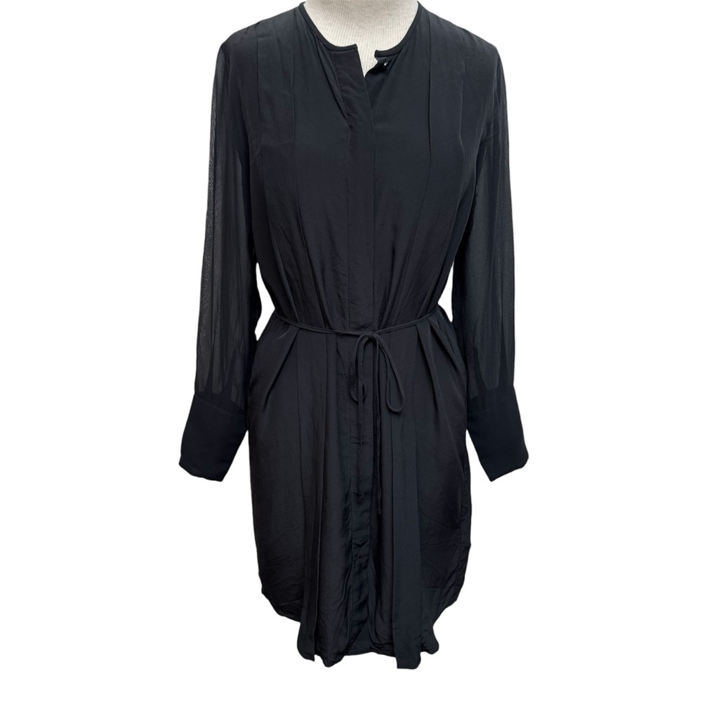 Club‎ Monaco Sheer Play 100% Silk Shirt Dress Women Size 4 Long Sleeves Pleated
